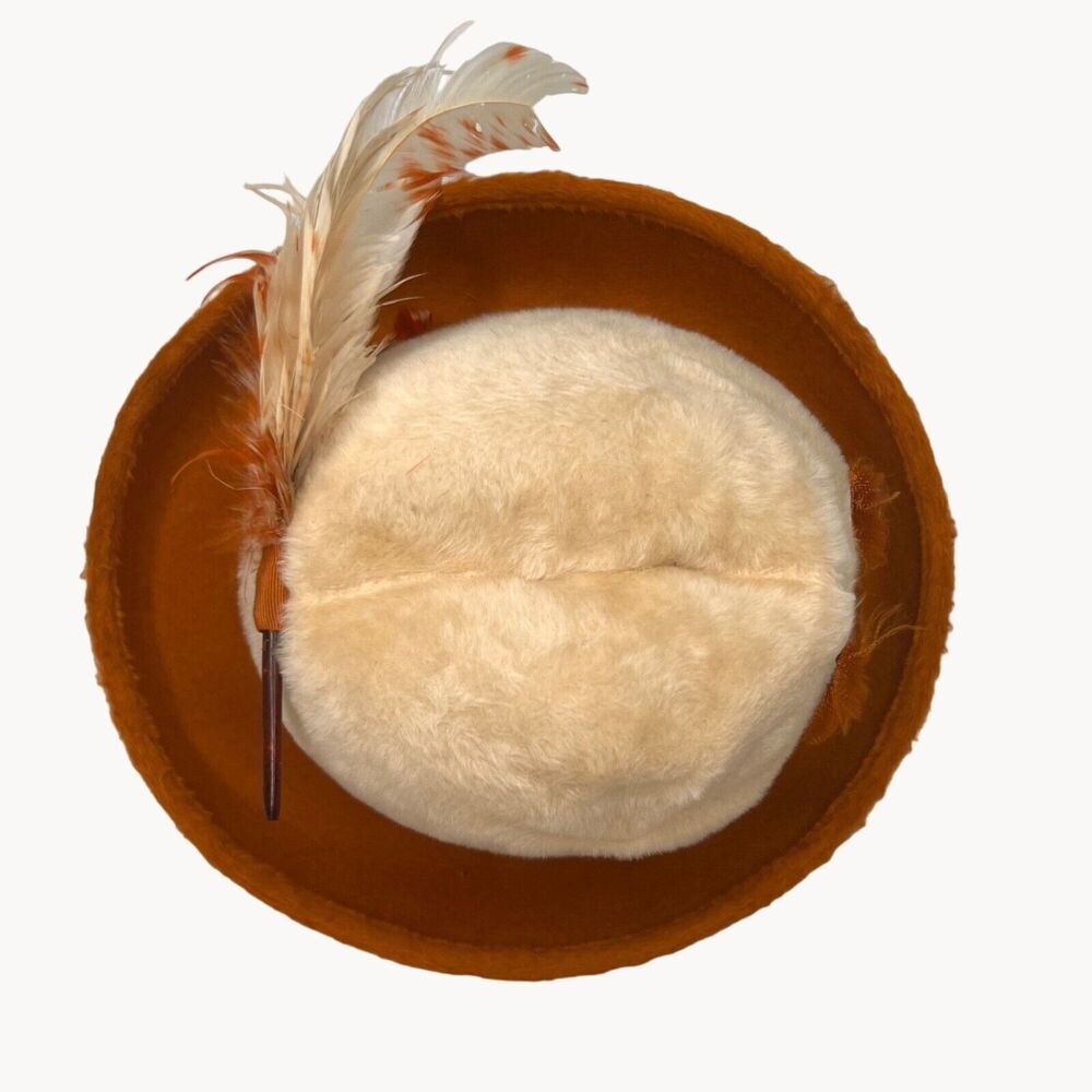 Vintage 60s Pinched Crown Fuzzy Fedora Hat 2 Tone White Rust Breton Mod Bellini - Picture 9 of 14
